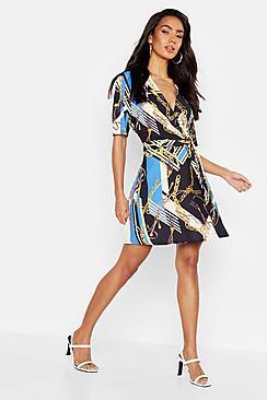 Boohoo Chain Print Collar Detail Wrap Dress