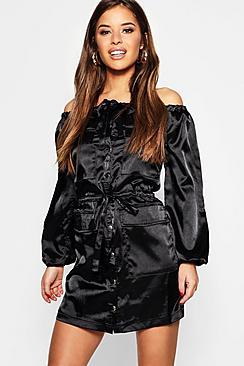 Boohoo Petite Bardot Utility Pocket Dress