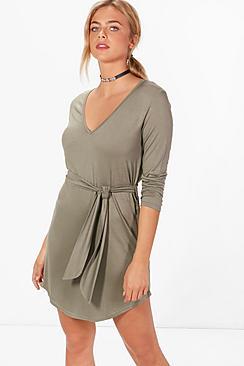 Boohoo V Neck Tie Belt Shift Dress