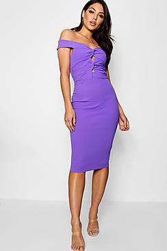 Boohoo Bardot Twist Front Bodycon Midi Dress
