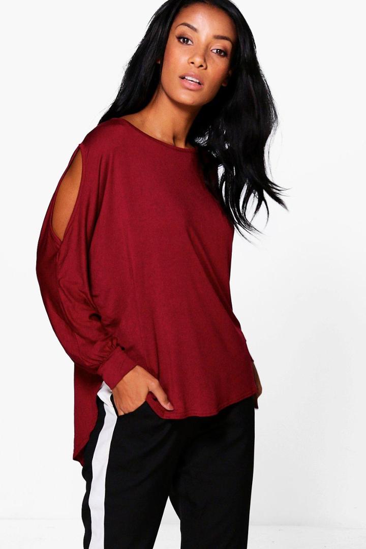 Boohoo Emma Cold Shoulder Dipped Hem Top Wine