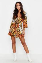 Boohoo Petite Tiger Print Ruffle Tie Front Playsuit