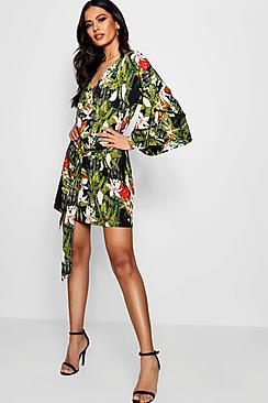 Boohoo Jesca Tie Front Ruffle Sleeve Printed Shift Dress