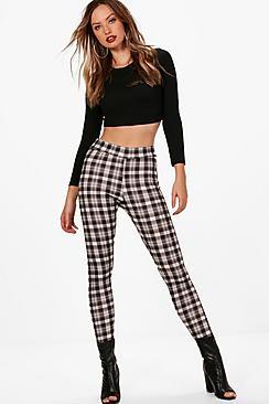 Boohoo Lydia Crepe Checked High Waist Leggings