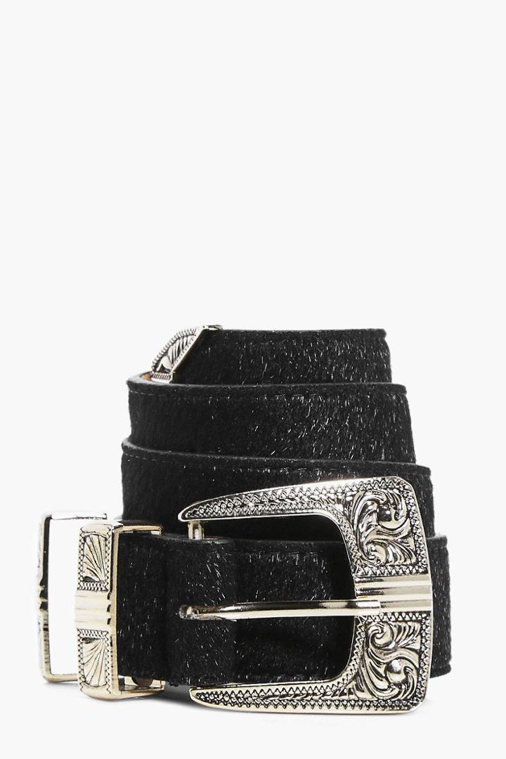 Boohoo Isobel Faux Pony Western Boyfriend Belt Black