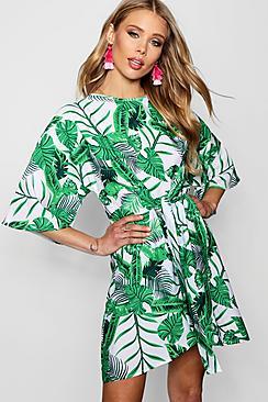 Boohoo Becky Palm Print Knot Front Skater Dress