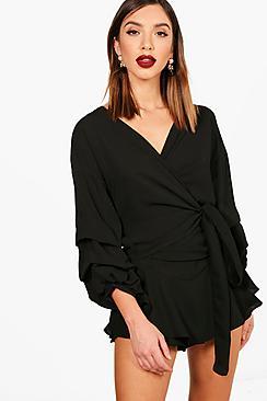 Boohoo Jaida Ruffle Sleeve Wrap Over Shirt