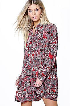 Boohoo Sally Paisley Long Sleeve Shirt Dress