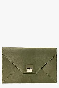 Boohoo Zoe Suedette Metal Detail Envelope Clutch Bag