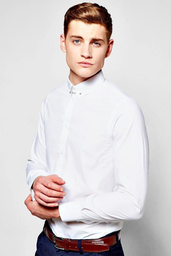 Boohoo Slim Fit Long Sleeve Pin Collar Shirt White