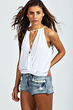 Boohoo Isabelle Wrap Front High Neck Drawstring Cami