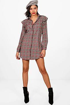 Boohoo Melanie Check Ruffle Shirt Dress