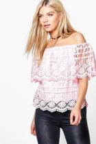 Boohoo Erin Crochet Woven Off The Shoulder Top Pink