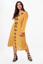 Boohoo Plus Tilly Contrast Woven Embroidered Midi Dress Mustard