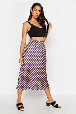 Boohoo Striped Satin Midi Skirt