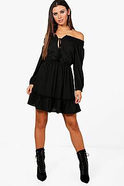 Boohoo Petite Lola Off Shoulder Boho Tassel Skater Dress