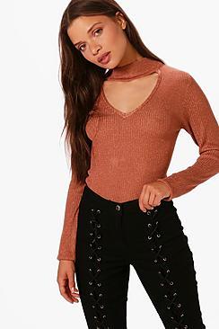 Boohoo Amelia Metallic Choker Neck Rib Jumper