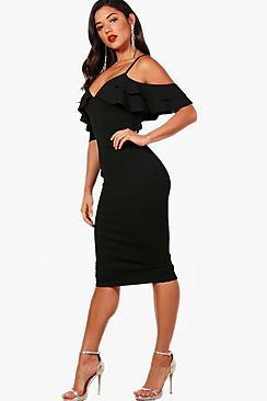 Boohoo Myleene Ruffle Cold Shoulder Midi Dress