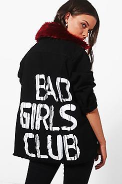Boohoo Mia Oversize Back Printed Fur Collar Denim Jacket