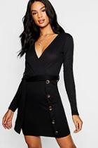 Boohoo Tall Mock Horn Button Rib Skater Dress