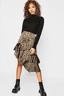 Boohoo Satin Leopard Print Ruffle Midi Skirt