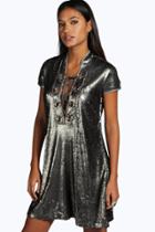 Boohoo Boutique Aliza Oversized Eyelet Shift Dress Grey