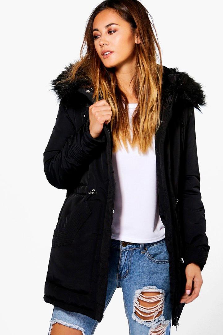 Boohoo Olivia Luxe Padded Coat With Faux Fur Hood Black