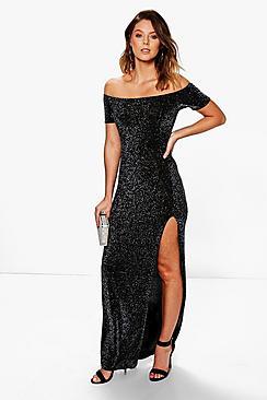 Boohoo Metallic Off Shoulder Split Maxi Dress