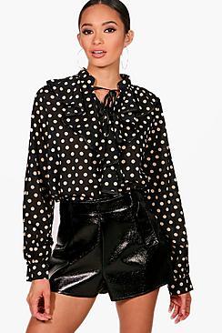 Boohoo Martha Ruffle Polka Dot Premium Blouse