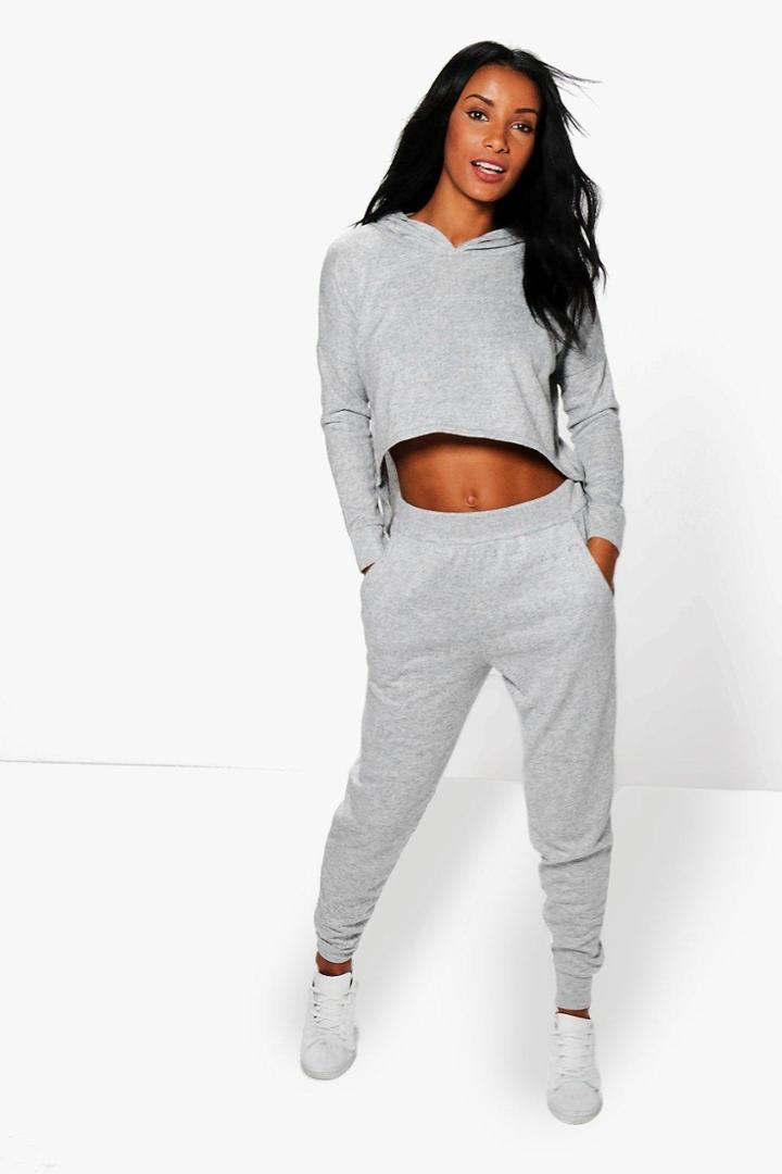 Boohoo Olivia Dip Hem Hoody & Jogger Lounge Set Grey