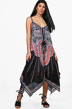 Boohoo Rosie Hanky Hem Printed Midi Dress