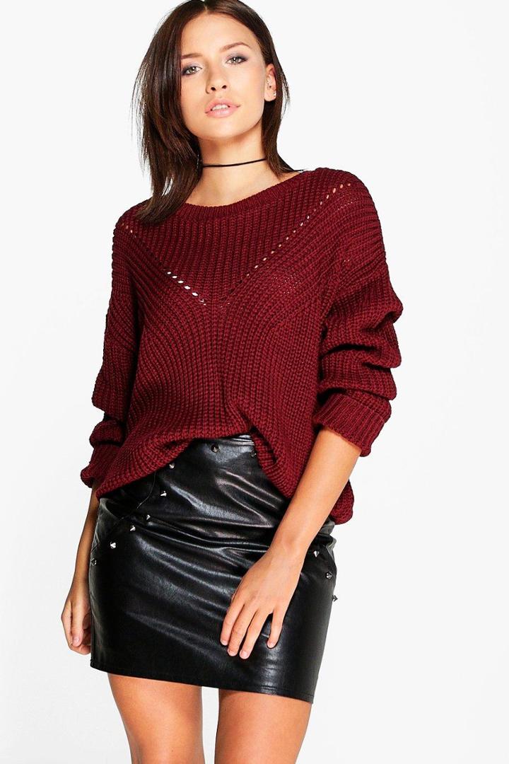 Boohoo Lacey Mix Stitch Fisherman Jumper Merlot