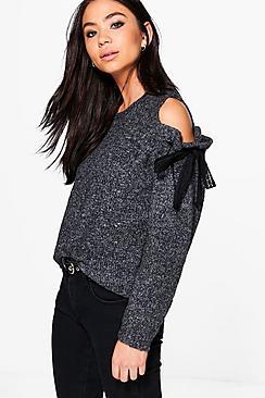 Boohoo Harriet Wool Tie Cold Shoulder Jumper