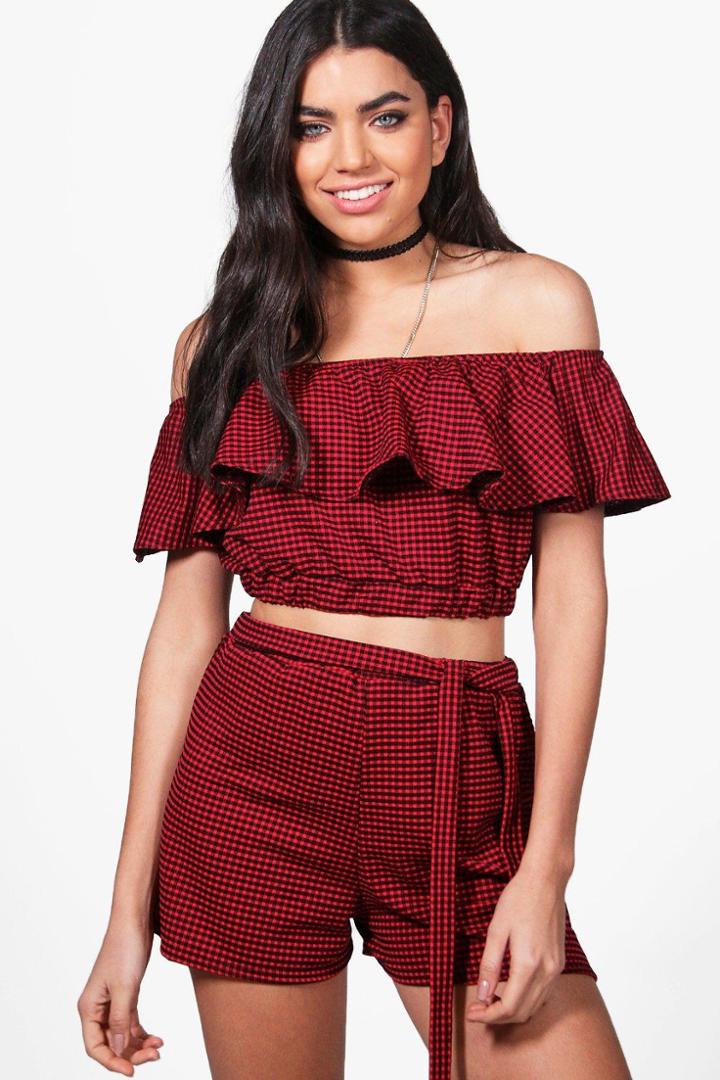 Boohoo Skye Gingham Off Shoulder Crop & Shorts Co-ord Red