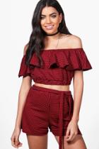 Boohoo Skye Gingham Off Shoulder Crop & Shorts Co-ord Red