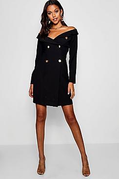 Boohoo Tall Off The Shoulder Military Blazer Dress