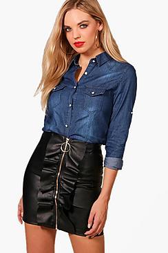 Boohoo Quinn Dark Wash Slim Fit Denim Shirt