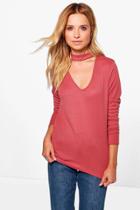 Boohoo Mya Skinny Choker Rib Knit Jumper Rose