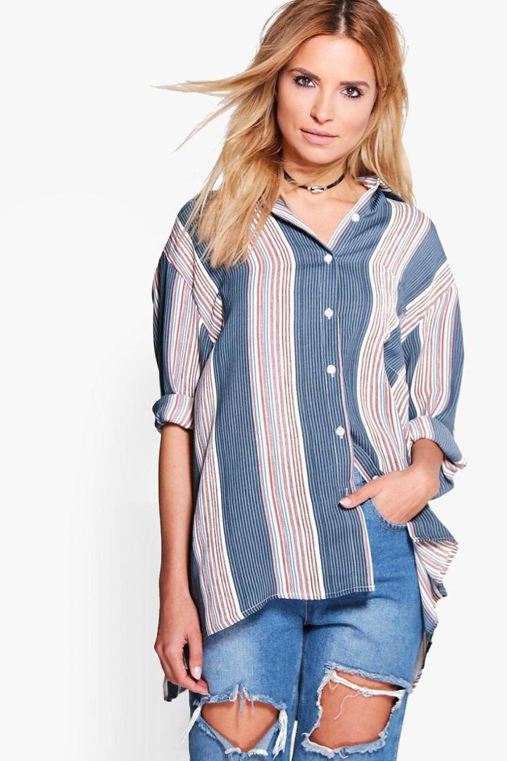Boohoo Sarah Striped Split Back Shirt Multi