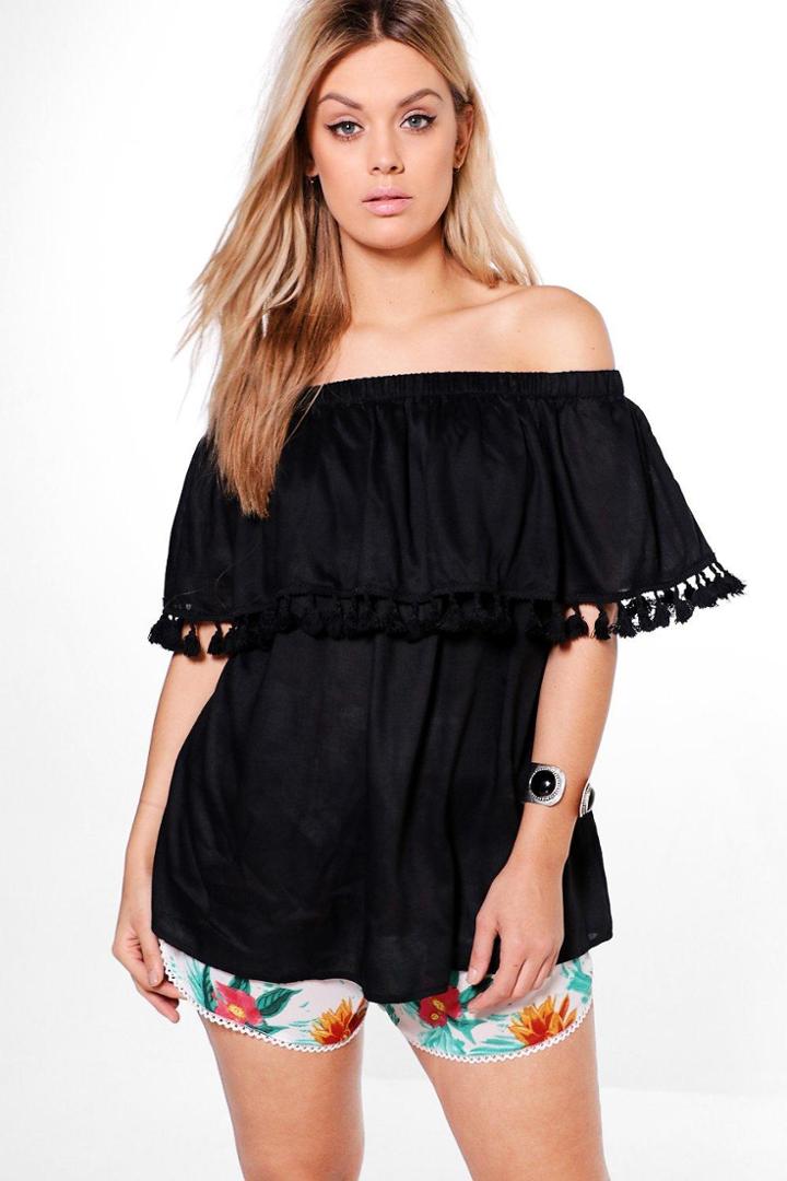 Boohoo Plus Marie Tassle Off The Shoulder Top Black