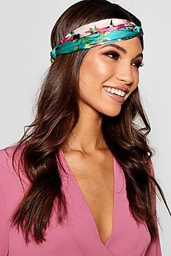 Boohoo Green Satin Floral Print Twist Knot Headband