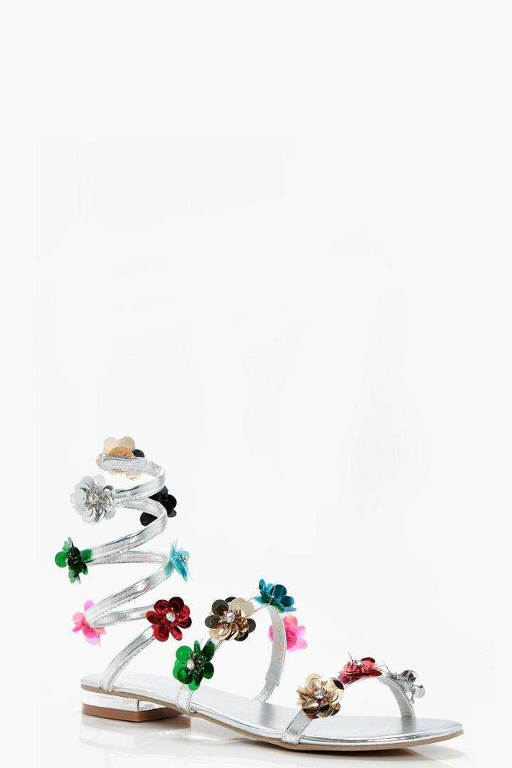 Boohoo Emma Spiral Floral Embellished Sandal Silver
