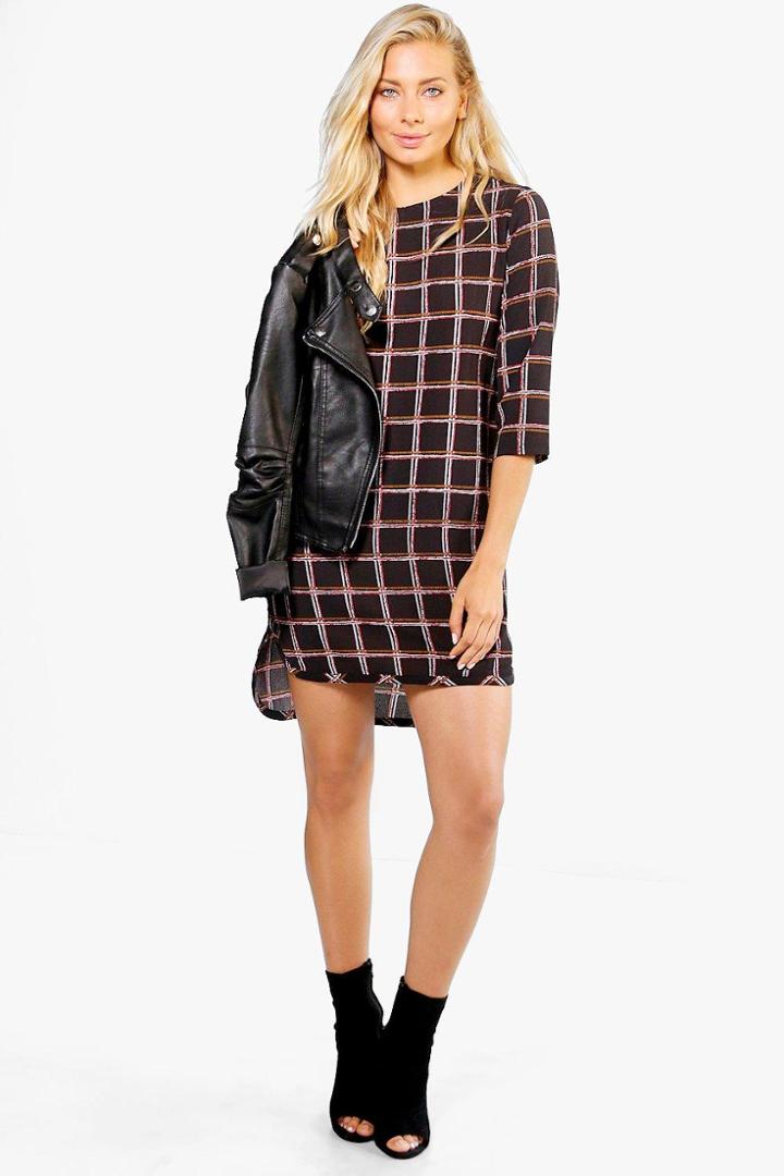 Boohoo Charlotte Check 3/4 Sleeved Shift Dress Black