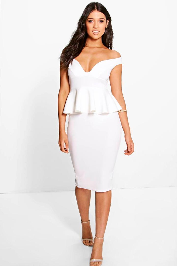 Boohoo Dot Sweetheart Off The Shoulder Peplum Midi Dress Ivory