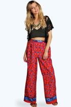 Boohoo Hilary Floral Border Wide Leg Woven Trousers Red