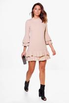 Boohoo Bridget High Neck Double Frill Shift Dress Stone