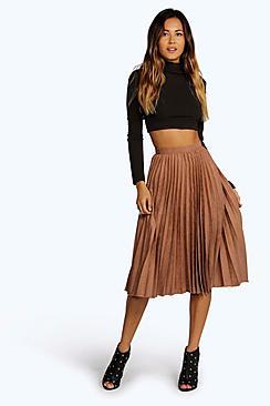 Boohoo Fiona Faux Suede Pleated Midi Skirt