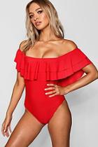 Boohoo Algeria Two Tier Ruffle Bardot Swimsuit