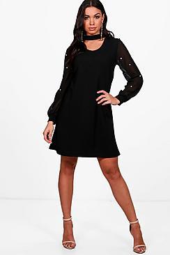 Boohoo Imogen Pearl Mesh Sleeve Choker Dress