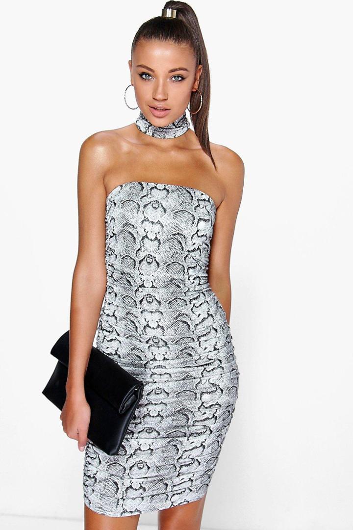 Boohoo Michelle High Neck Rouched Bodycon Dress Multi